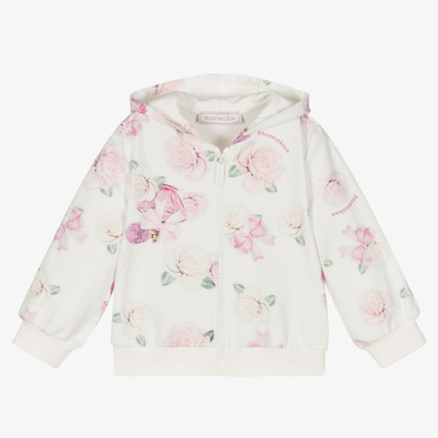 * Tops | Lower Prices White Roses Zip-Up Hooded Top