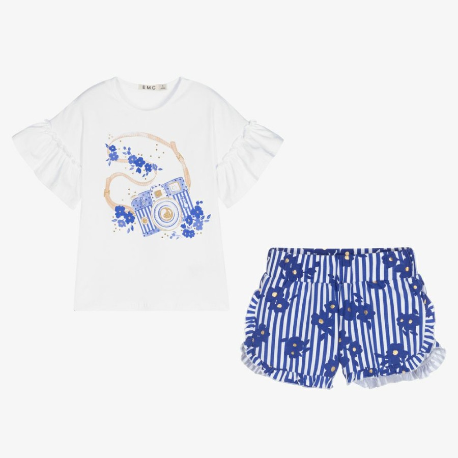 * Outfits | Flash Sale White Blue Cotton Shorts Set