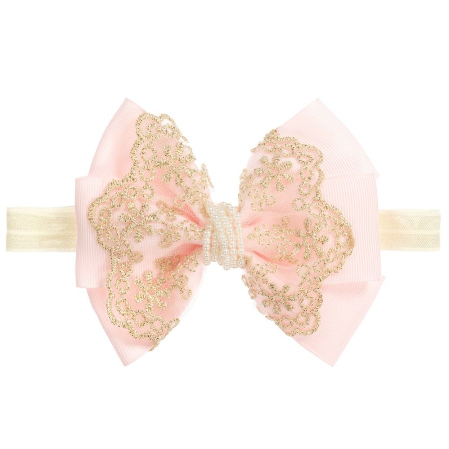 * Accessories | Best-Selling Large Pink Bow With Gold Lace Pearls Headband