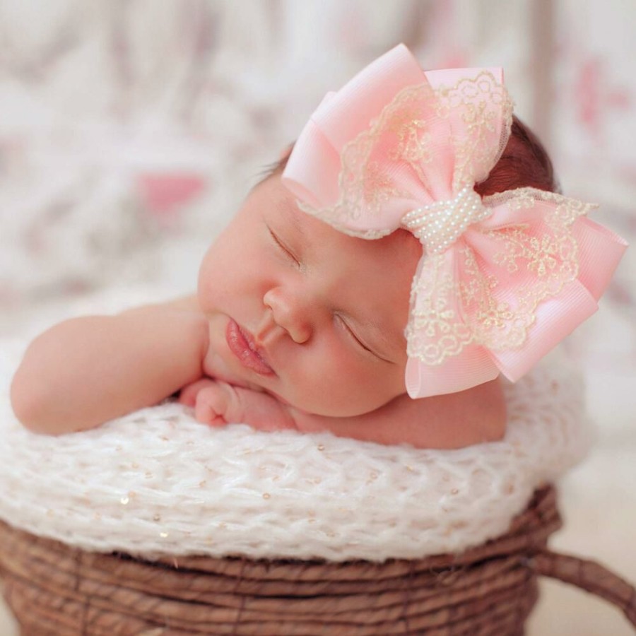 * Accessories | Best-Selling Large Pink Bow With Gold Lace Pearls Headband