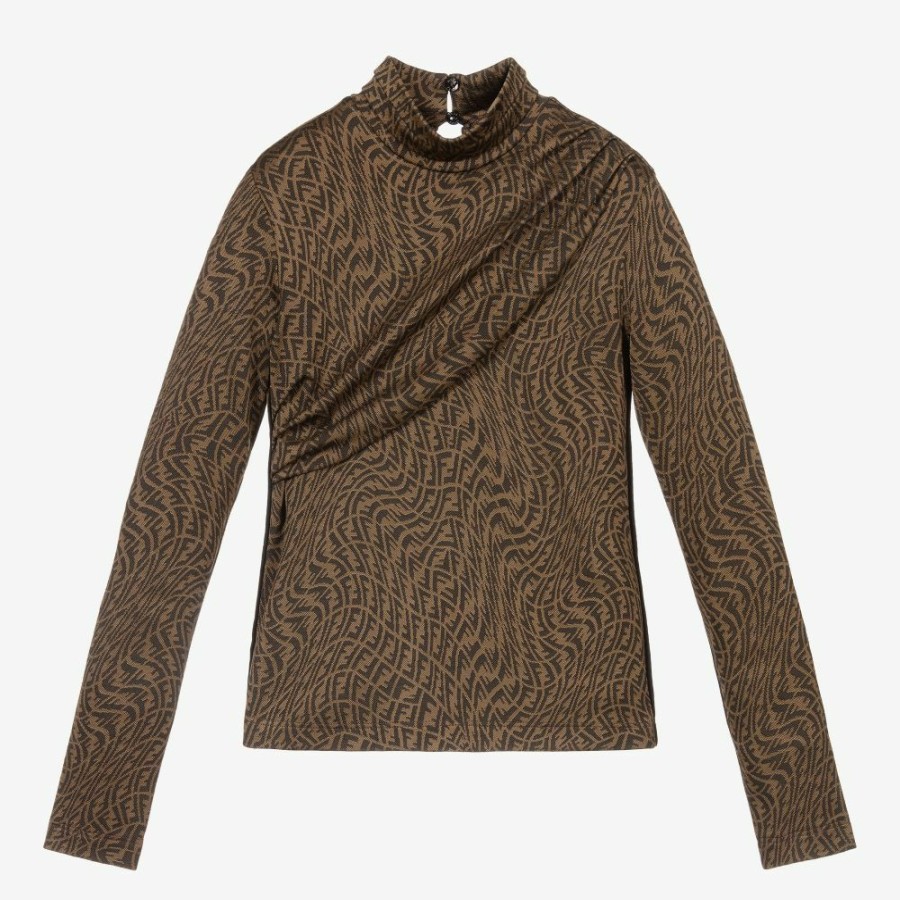 * Tops | Online Girls Brown Logo Roll Neck Top